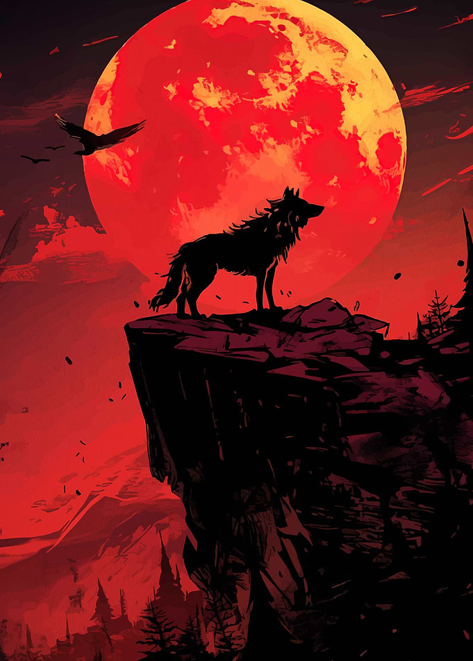 Wolf howling at a blood moon