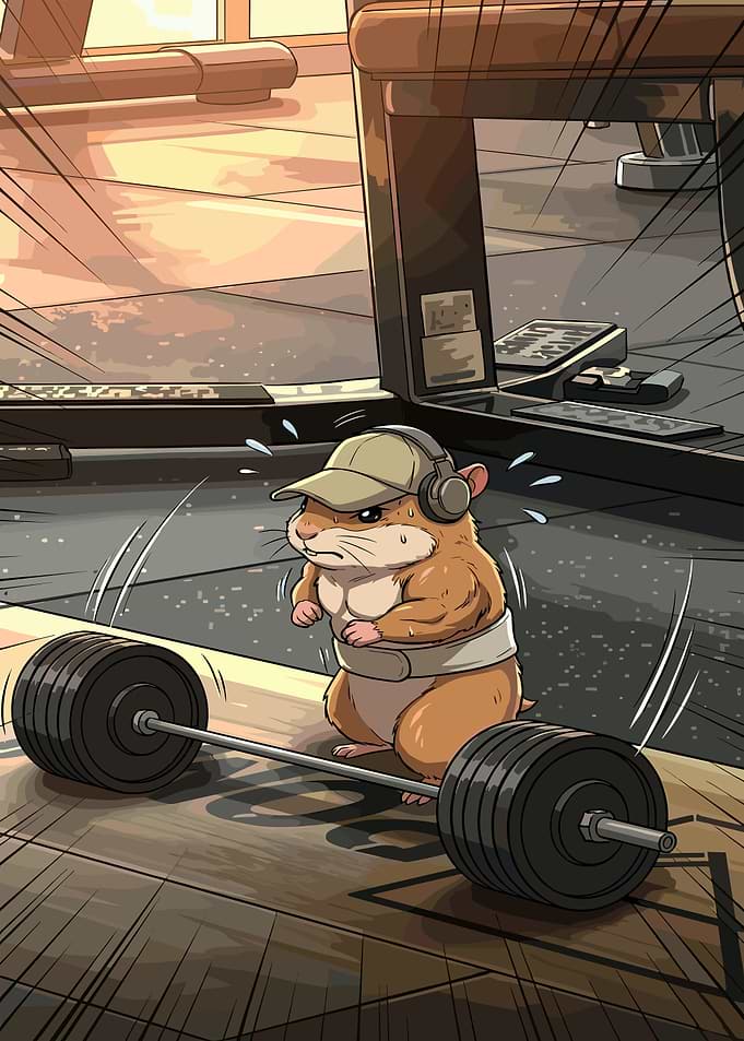Hamster lifting weights at the gym