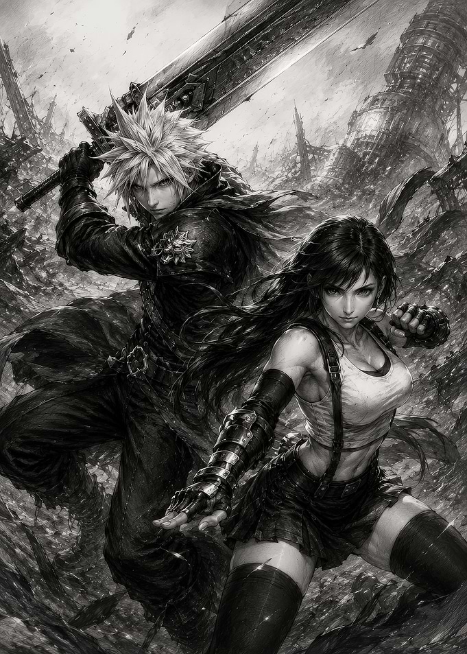Cloud and Tifa in battle
