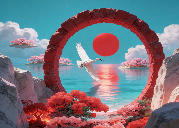 Surreal Japanese Landscape with Crane