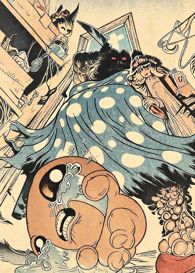 Distressed Character with Polka Dot Blanket
