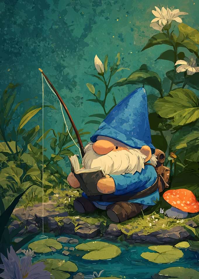 Gnome Fishing and Reading by Pond