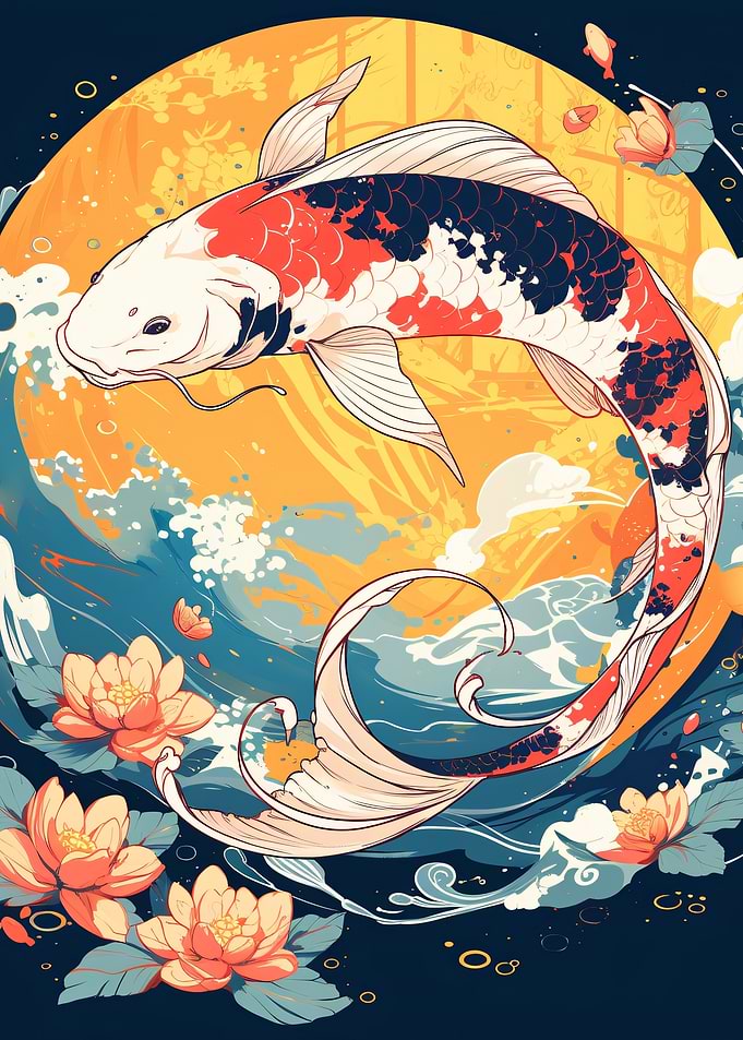Koi Fish and Lotus Flowers