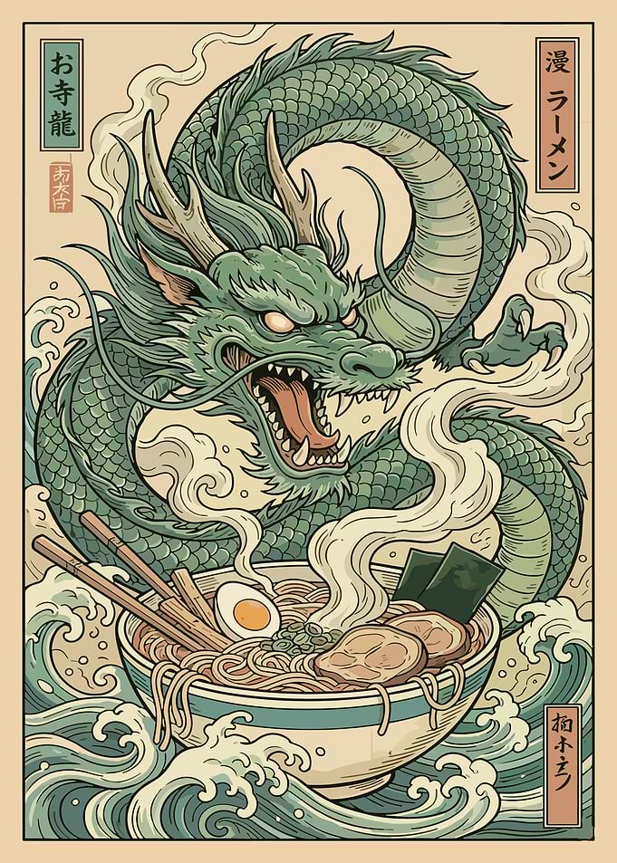 Fierce Green Dragon Ramen Bowl Japanese Anime Fantasy Wall Art Poster