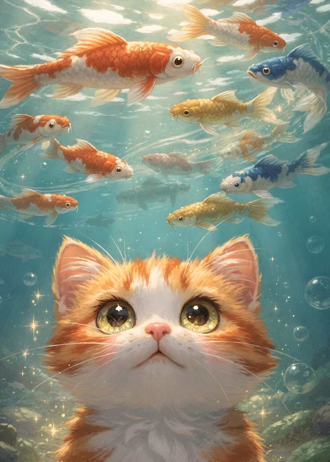 Cute Cat Watching Koi Fish