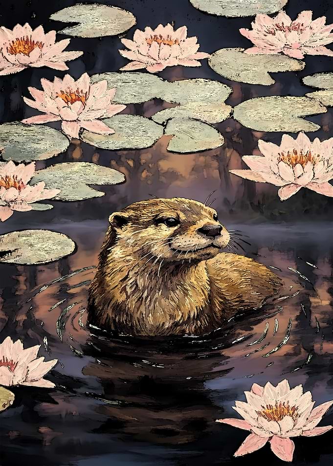 Otter in a pond with water lilies