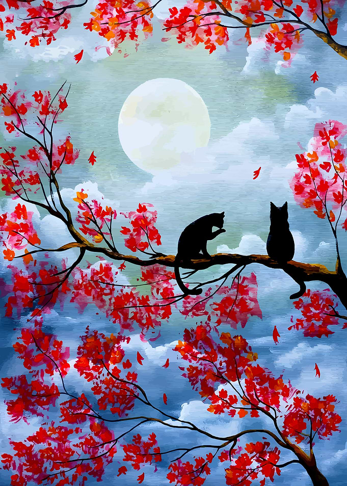 Cats on a branch under the moon