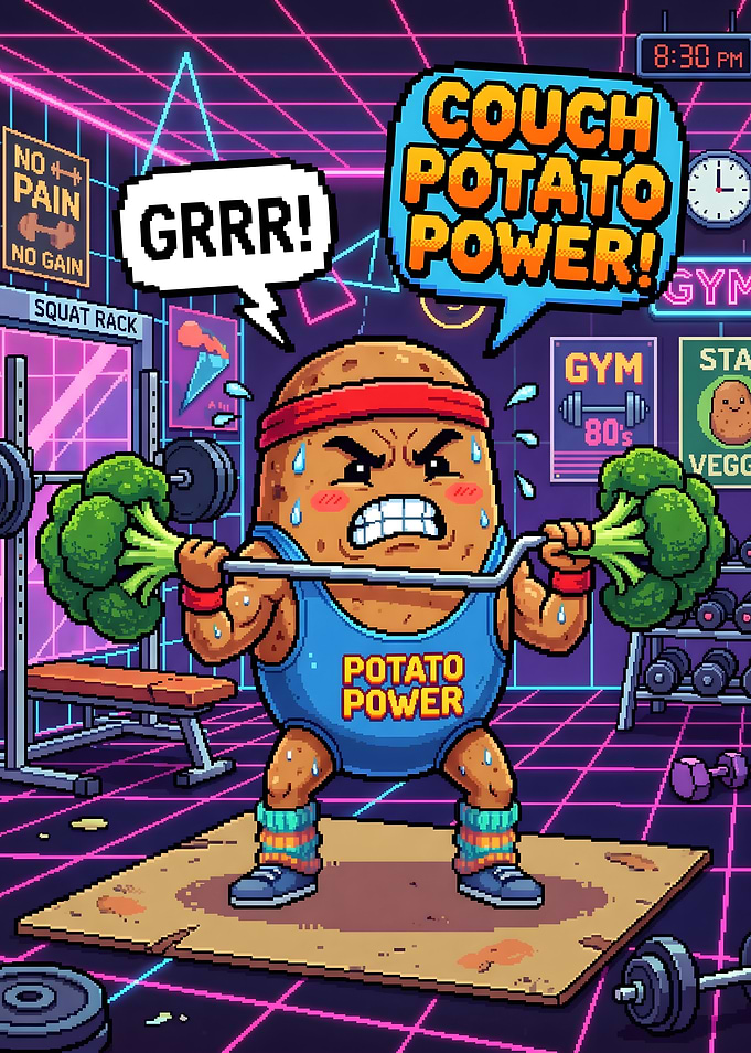 Potato Lifting Broccoli in Retro Gym