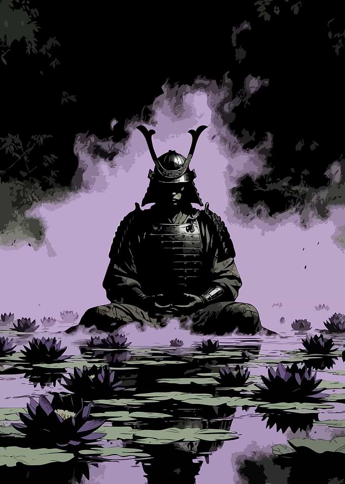 Samurai meditating among lotus flowers