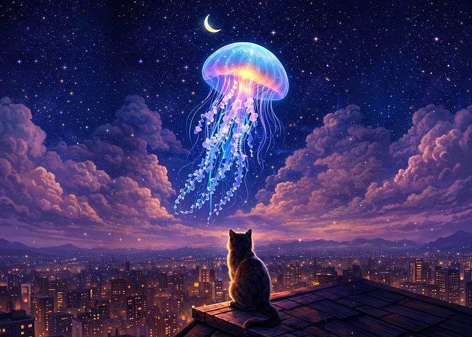 Cat watching a glowing jellyfish in the night sky