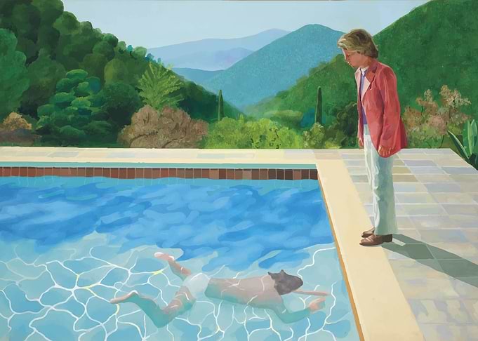 Man Swimming in Pool with Man Watching by: David Hockney