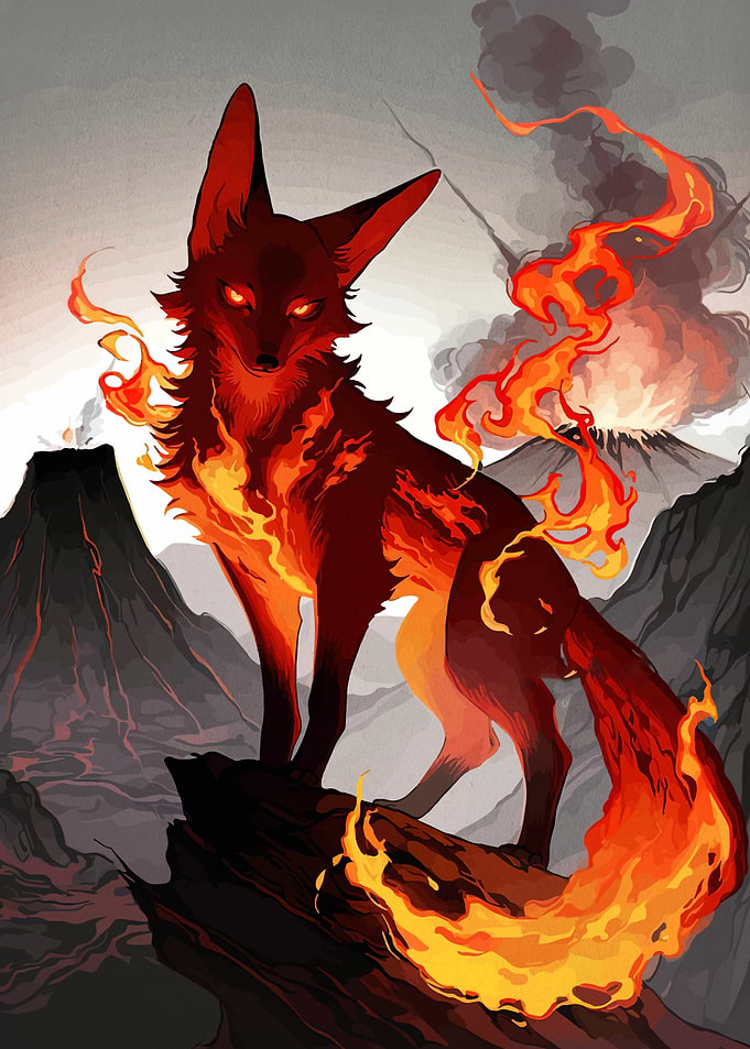 Fiery Fox Spirit in Volcanic Landscape