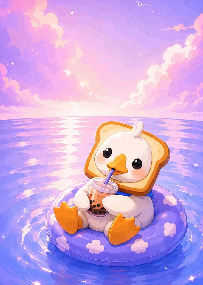 Cute Duck with Toast Head Drinking Boba