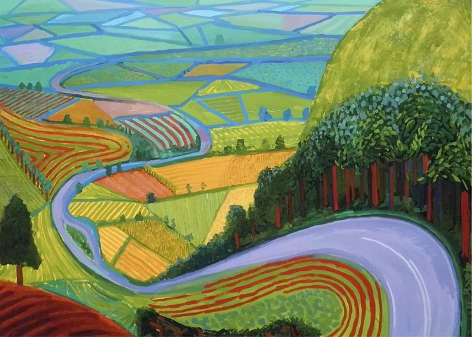 Winding Road Through Colorful Farmland by: David Hockney