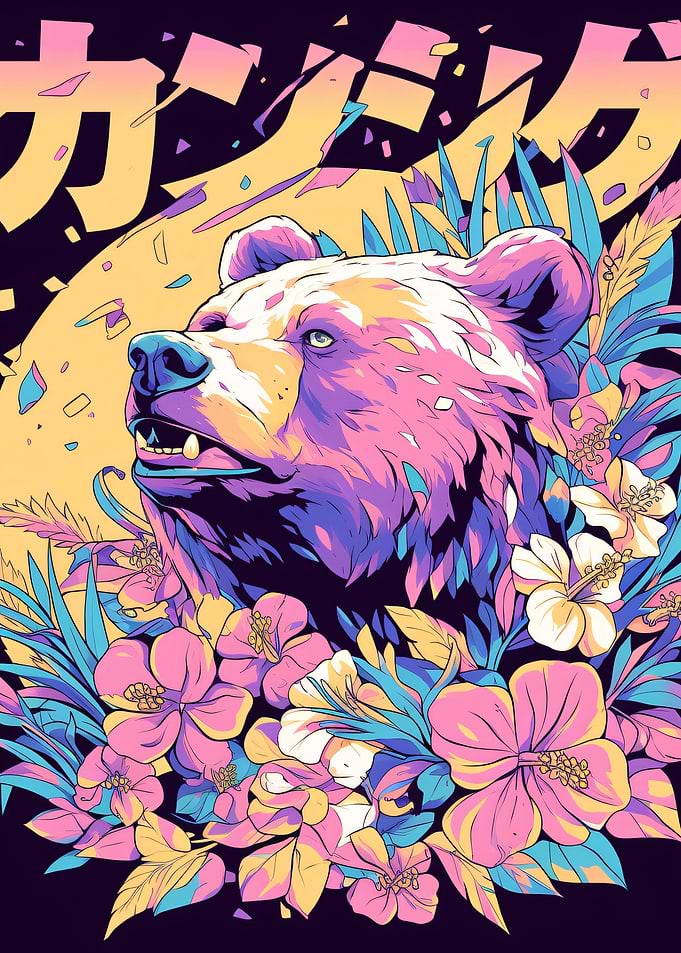 Bear surrounded by tropical flowers