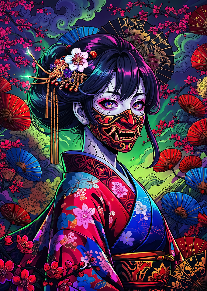 Geisha with Oni Mask and Cherry Blossoms
