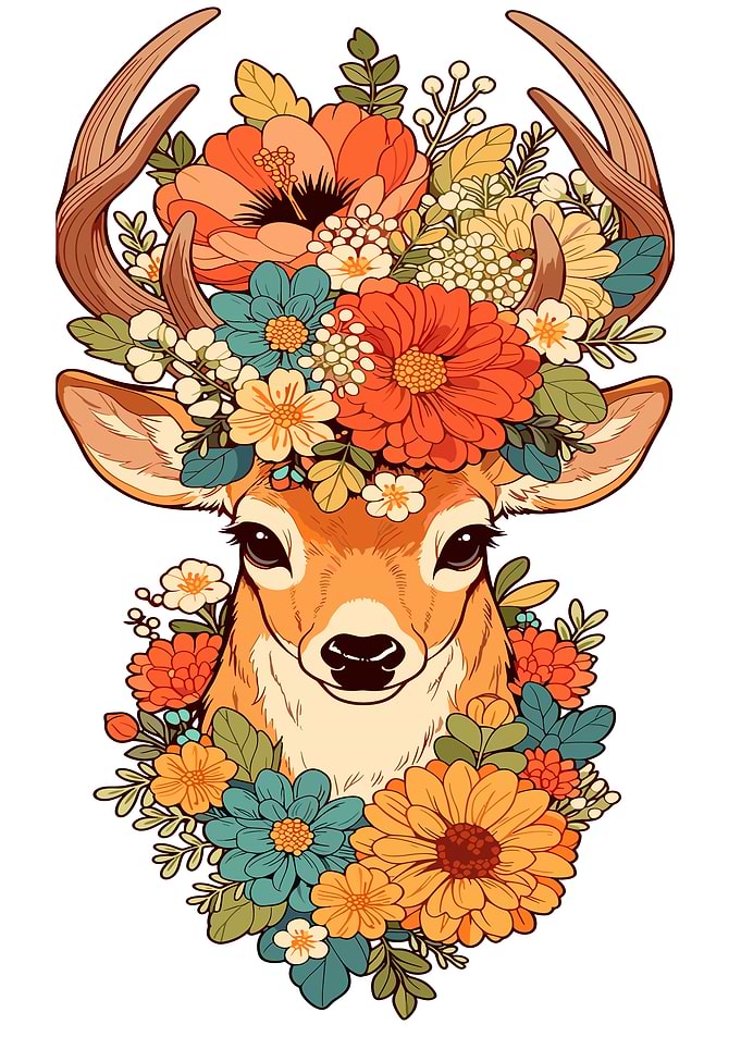 Deer with Floral Antlers and Wreath