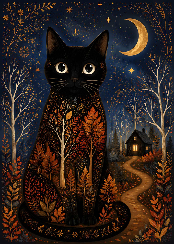 Enchanted Black Cat in Autumn Forest