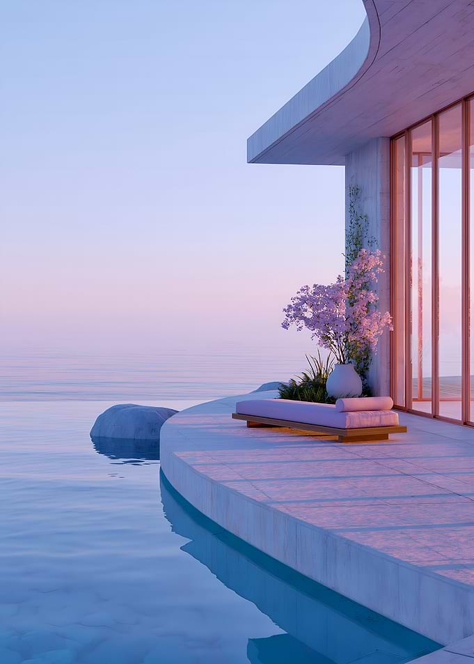 Modern Waterfront Villa with Cherry Blossoms