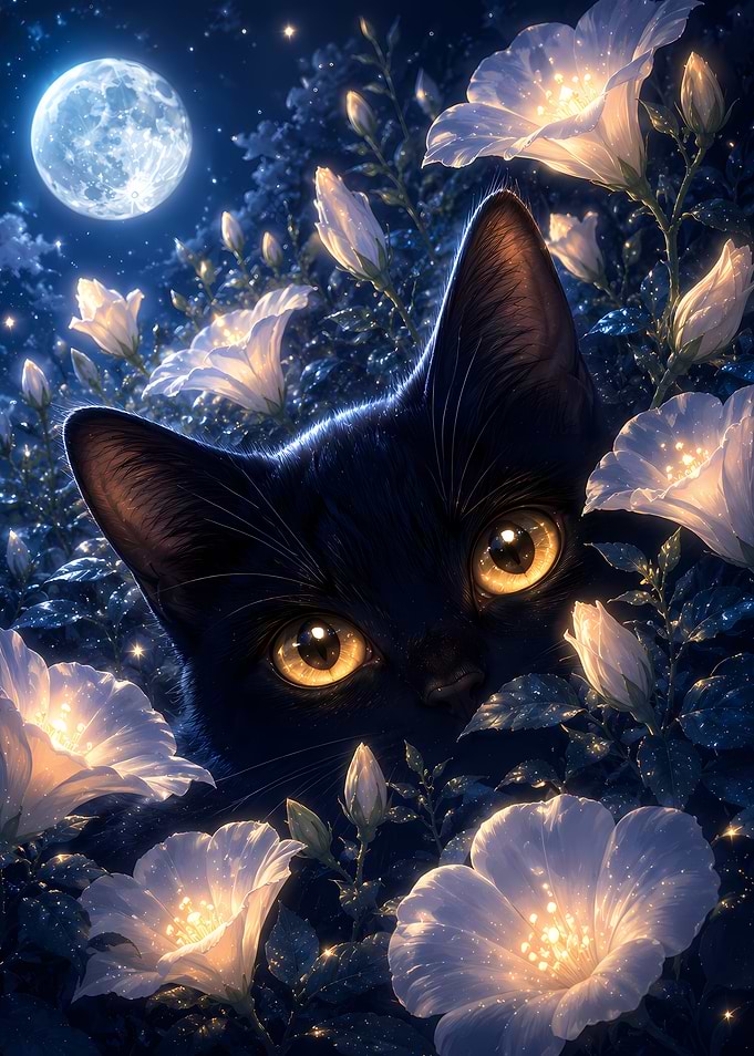 Black Cat in Moonlit Flowers