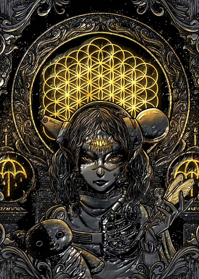 Gothic Cyberpunk Character with Teddy Bear