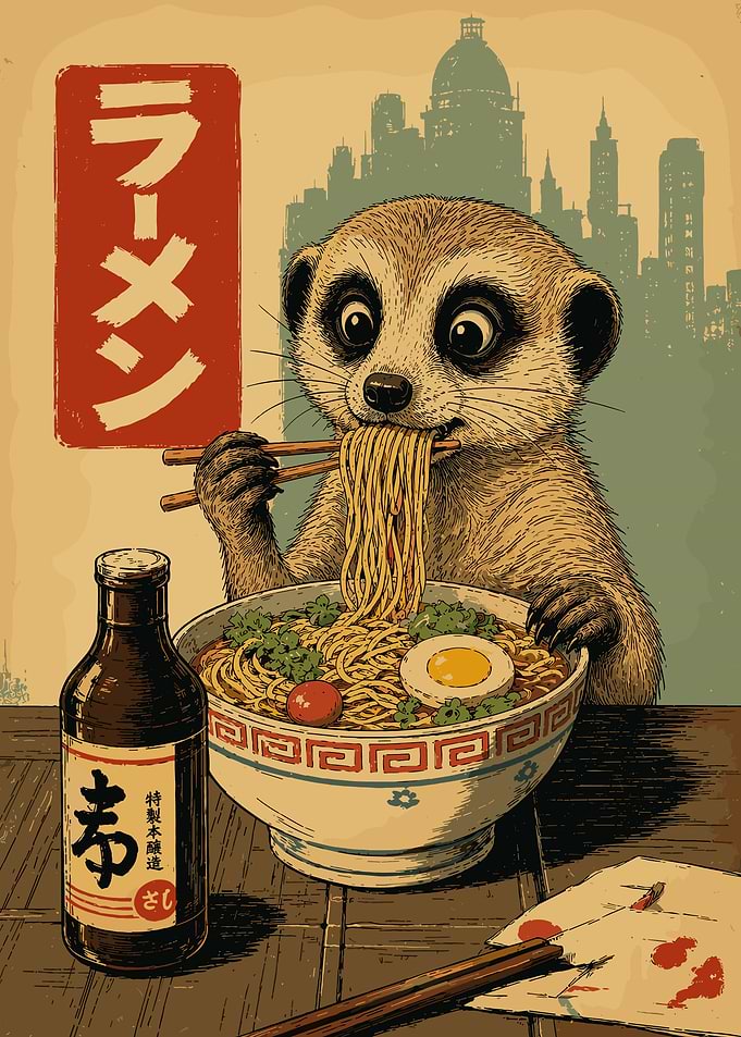 Cute Meerkat Ramen Illustration Vintage Japanese Poster Style Wall Art