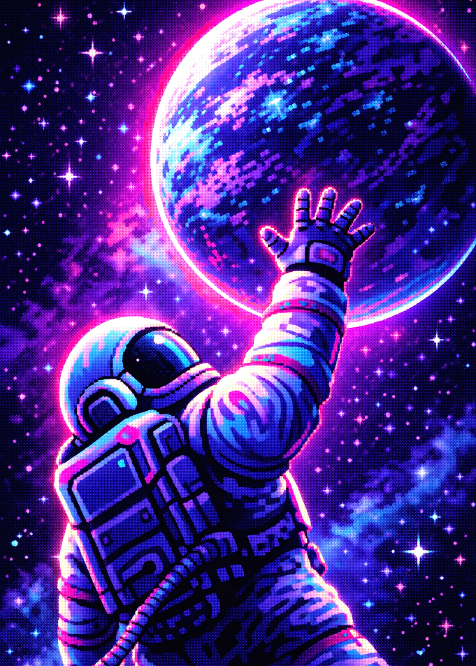 Astronaut Reaching for a Pixelated Planet