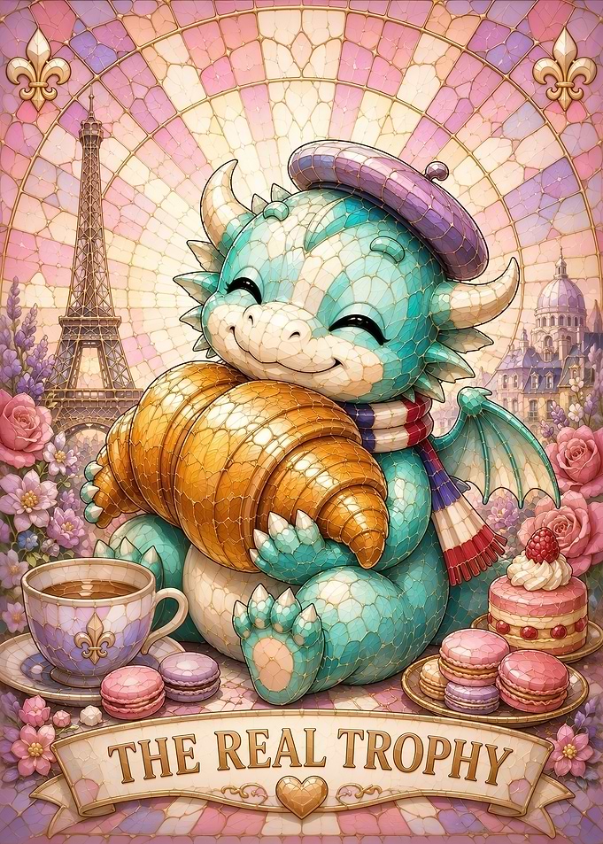 Cute Stained Glass French Dragon with Croissant