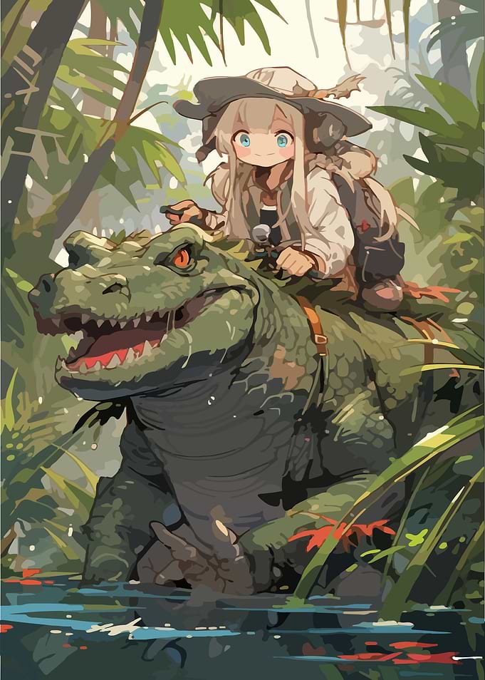 Girl Riding a Dinosaur in Jungle Anime Art