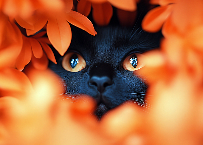 Black Cat Peeking Through Orange Flowers