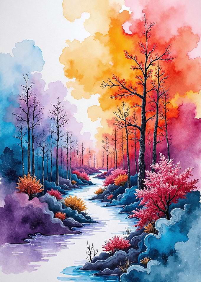 Vibrant Watercolor Forest Stream