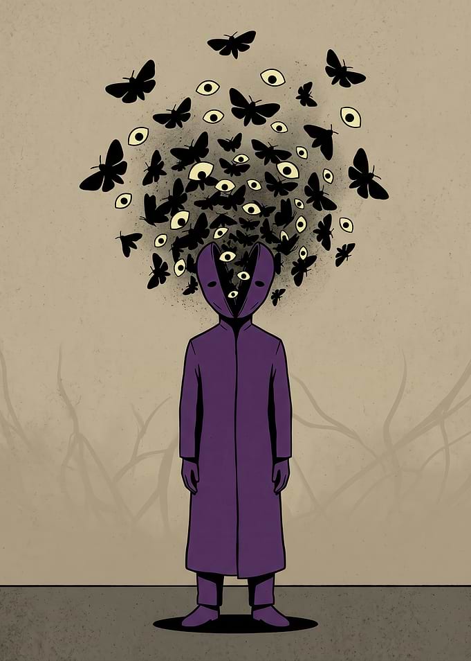 Surreal Figure with Butterflies and Eyes