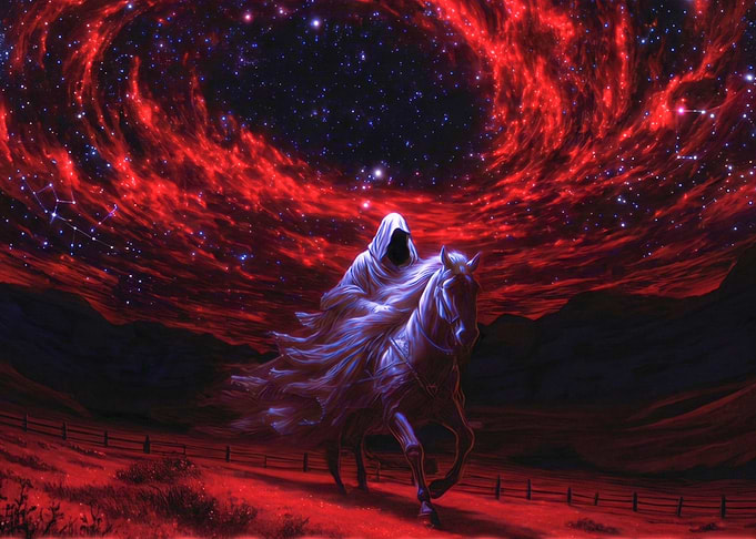 Figure on Horseback Under Cosmic Sky