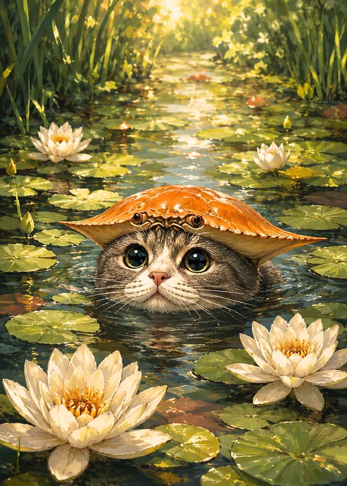 Cat in a Crab Shell in a Pond