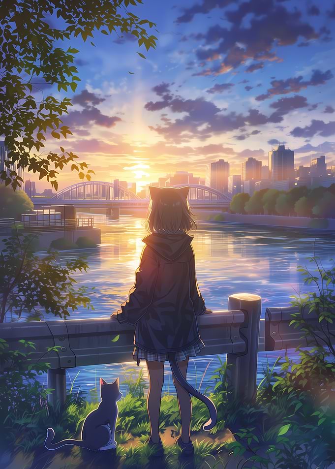 Anime Catgirl and Cat Watching Sunset Over City