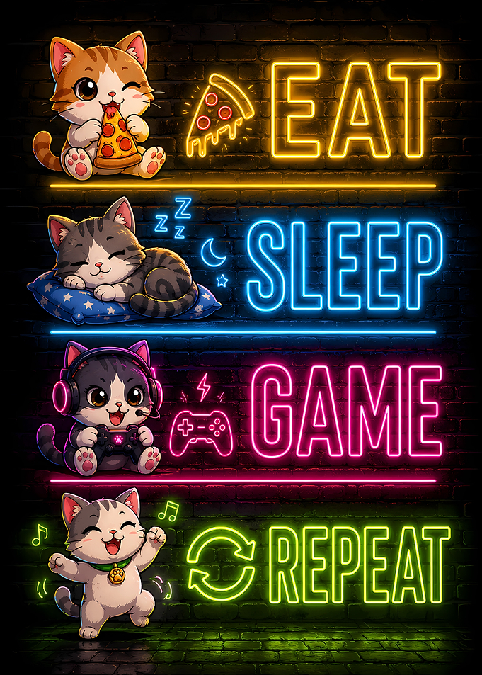 Cute Cats Eat Sleep Game Repeat Neon Art