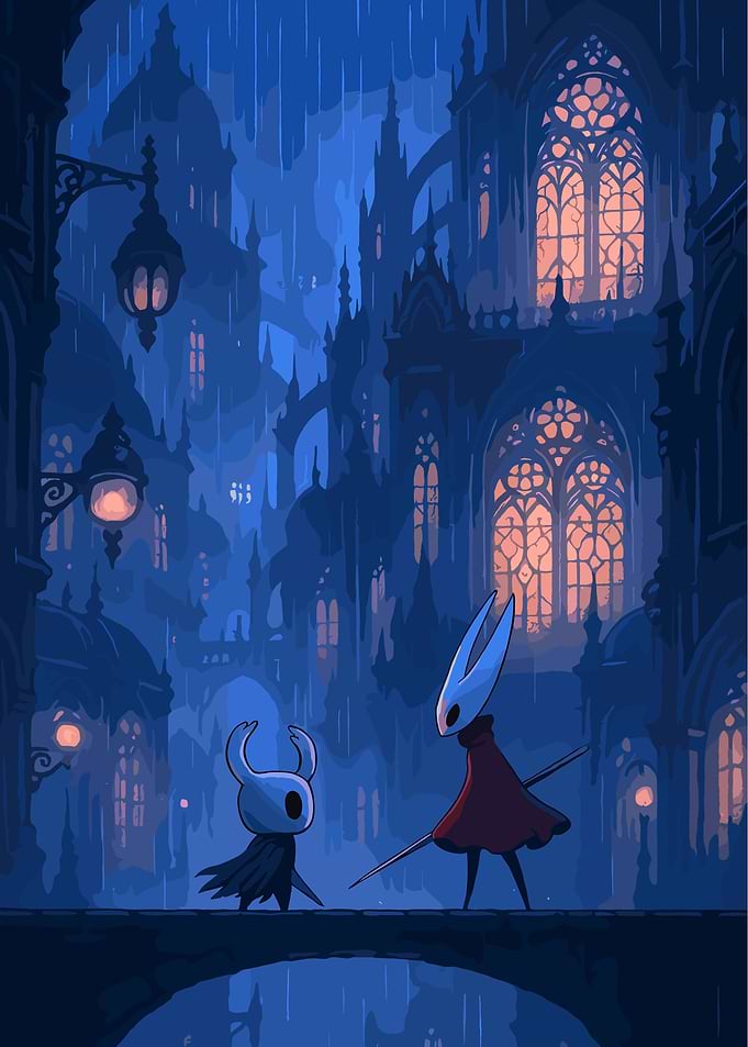 Hollow Knight Characters in Rainy City
