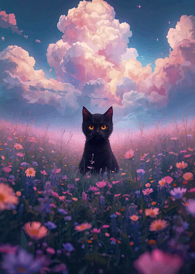 Black Cat in a Field of Flowers