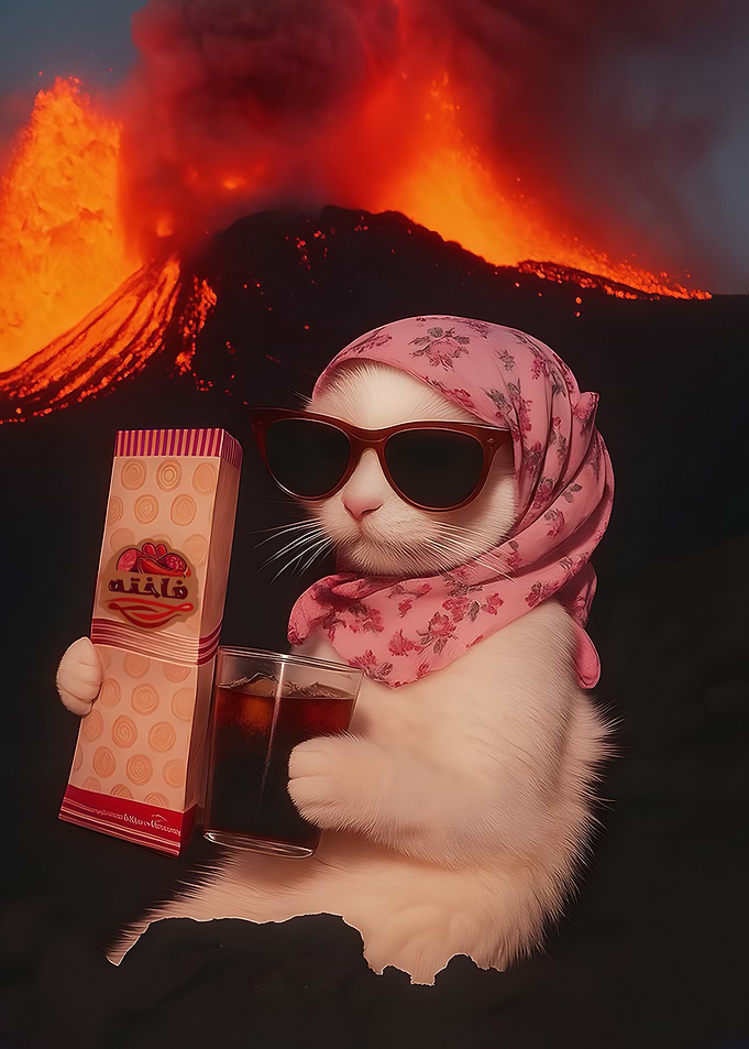 Cat with Sunglasses and Drink by Volcano