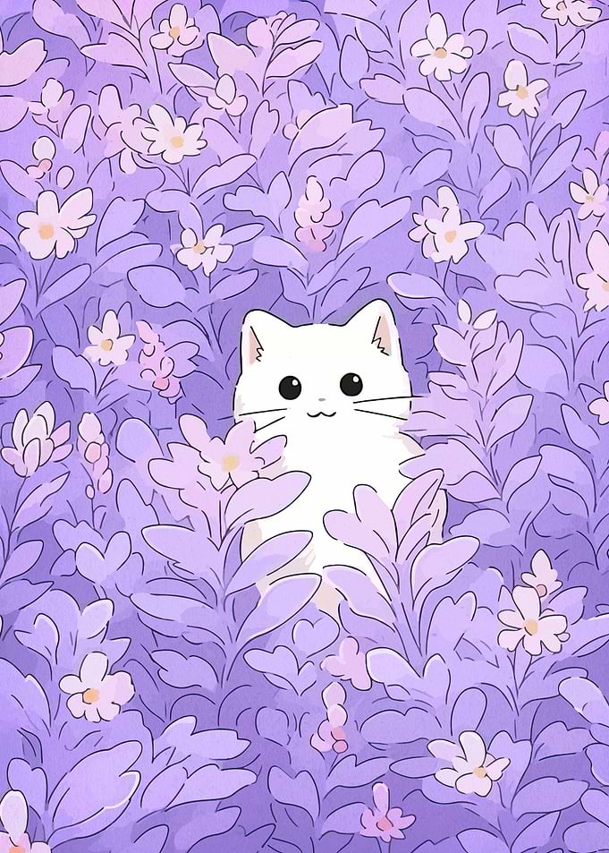 Cute White Cat in Purple Flowers