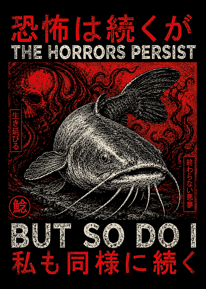 Horror Catfish Engraving Style Japanese Typography Poster Dark Gothic Wall Art