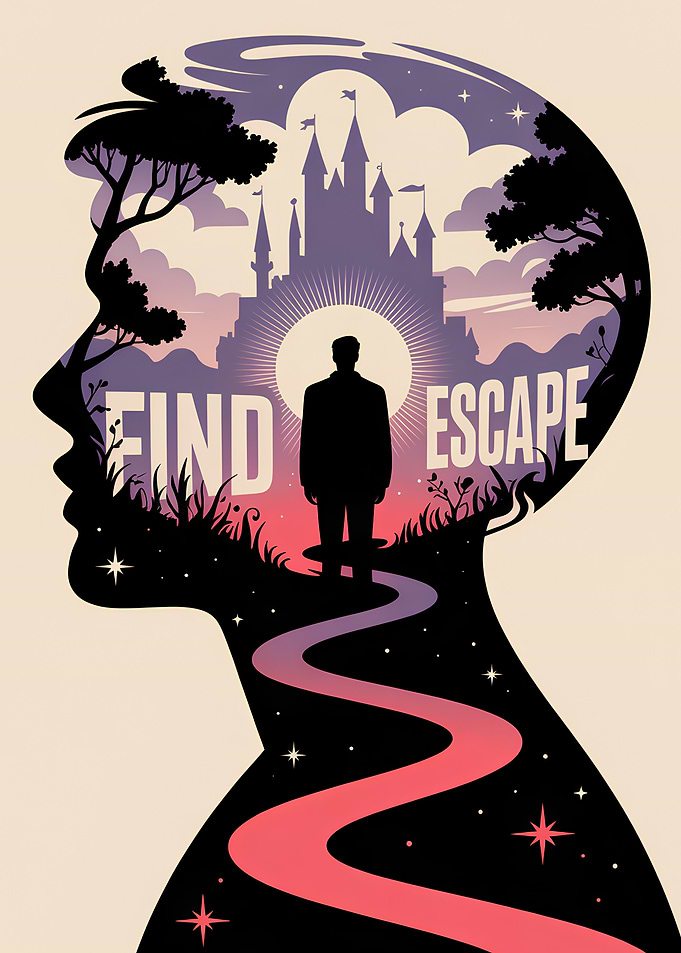 Silhouette of a man's head with a fantasy landscape