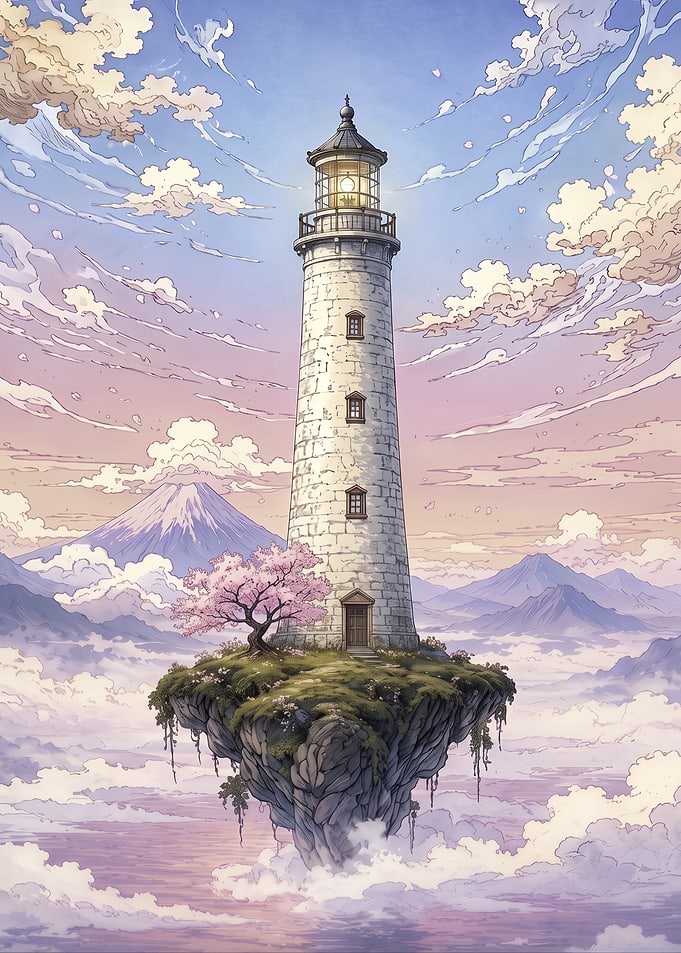 Floating Island Lighthouse with Cherry Blossom and Mount Fuji