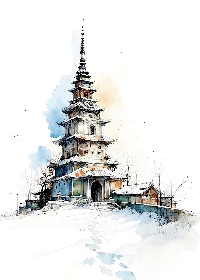 Pagoda in Snowy Landscape
