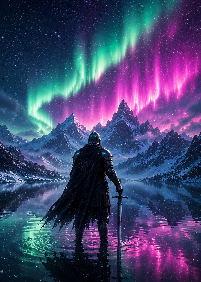 Knight Under Aurora Borealis