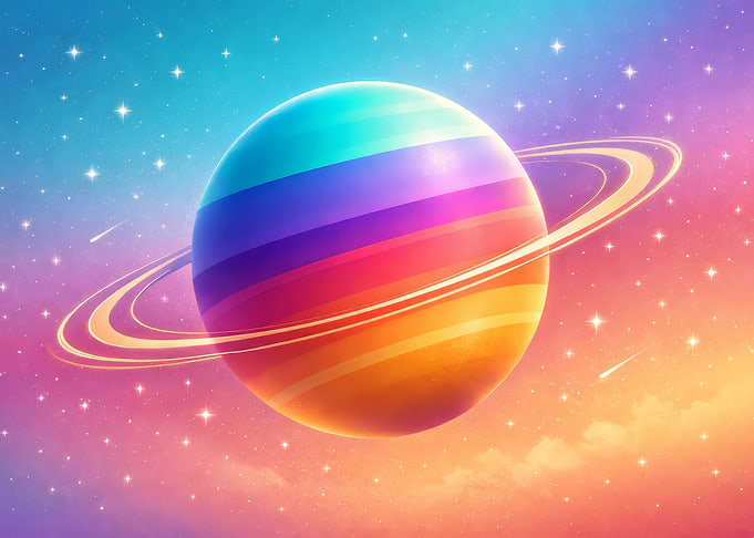 Rainbow Planet with Rings in Space