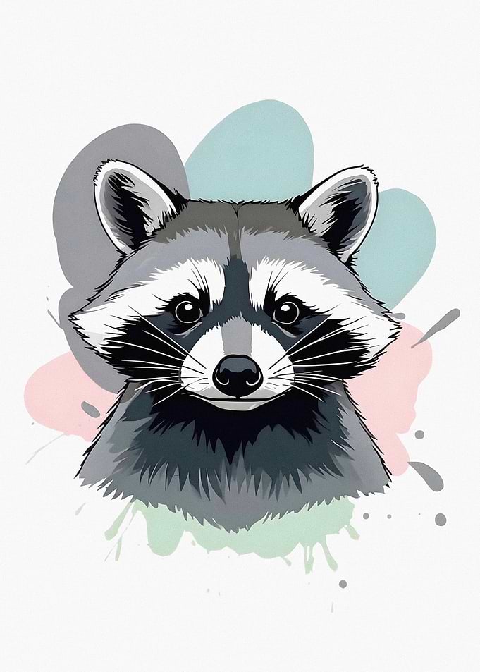 Cute Raccoon Portrait with Watercolor Splashes