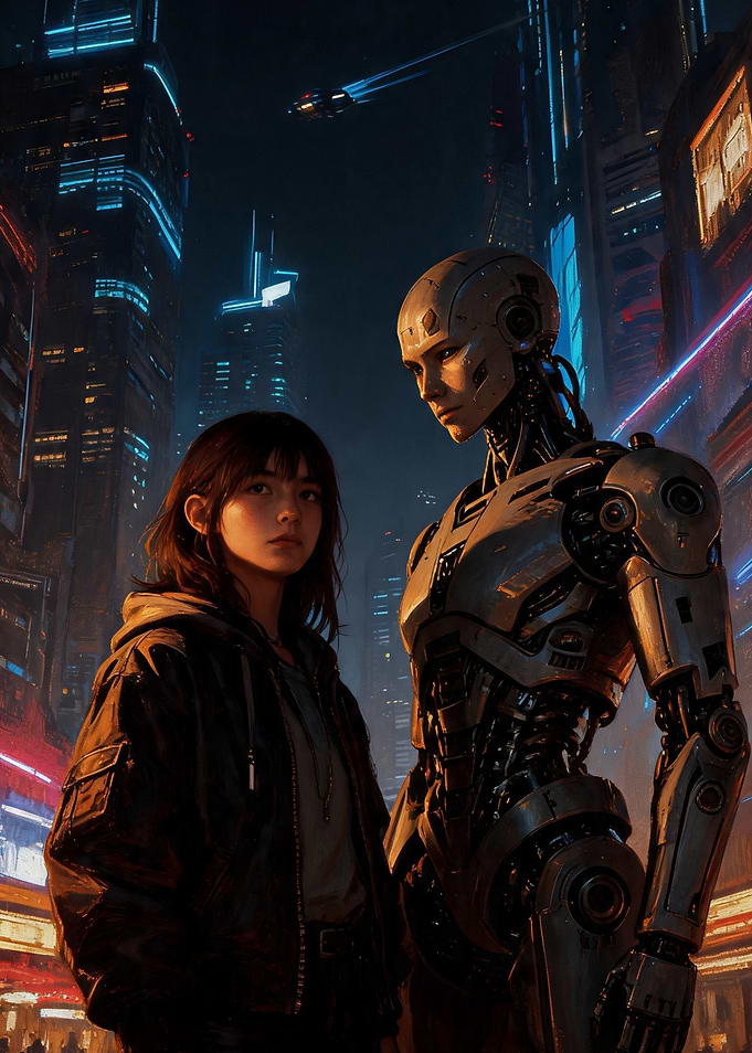 Girl and Robot in Cyberpunk City