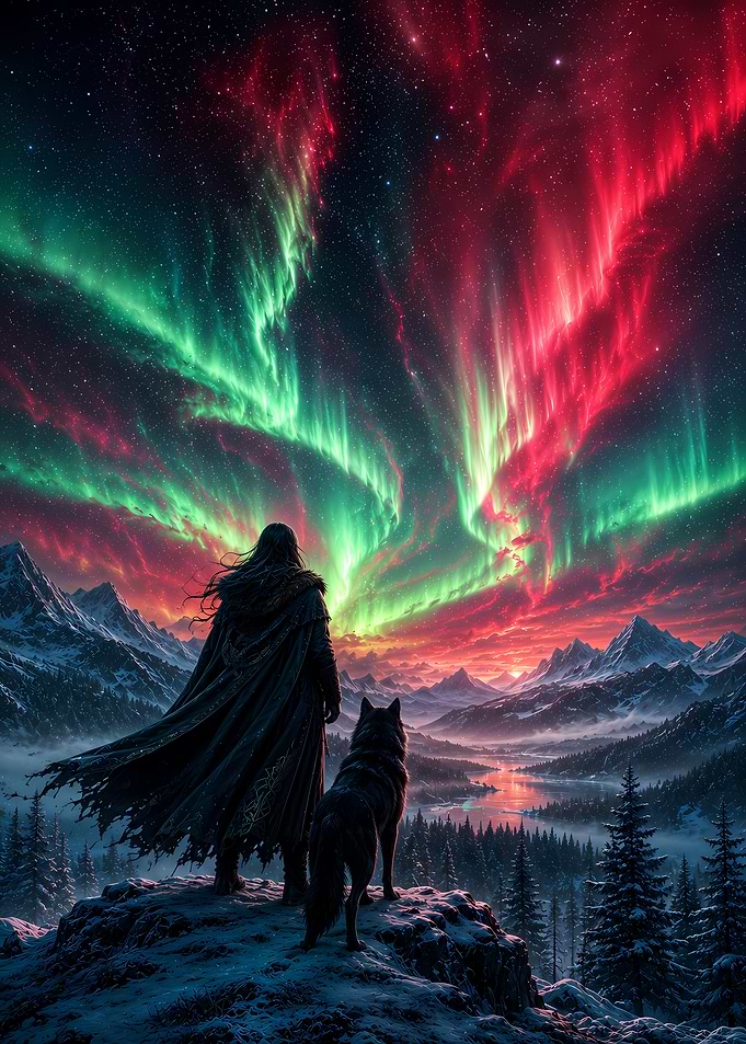 Man and wolf watch aurora