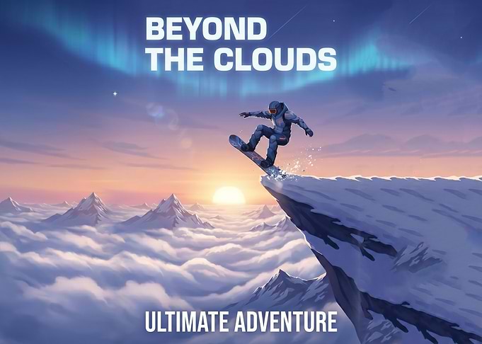 Snowboarder jumping over clouds at sunset
